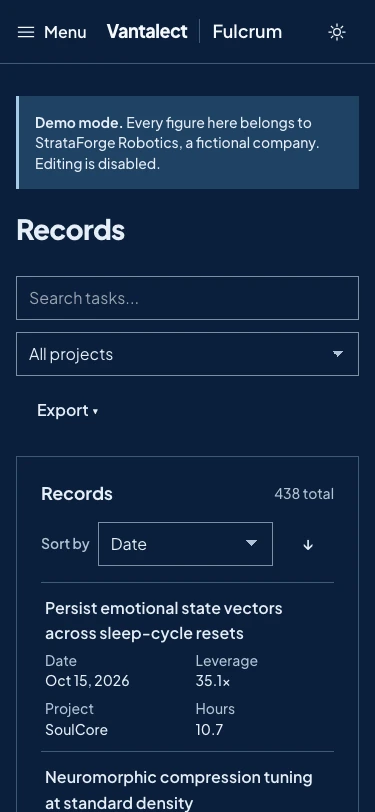 The Fulcrum records list on a phone with search, a project filter, and stacked record cards (dark theme).