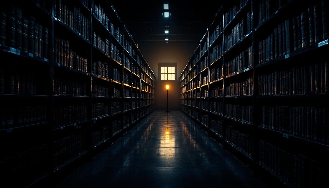 A dark archive aisle of bound ledgers on steel shelves, one warm amber reading lamp glowing at the far end.