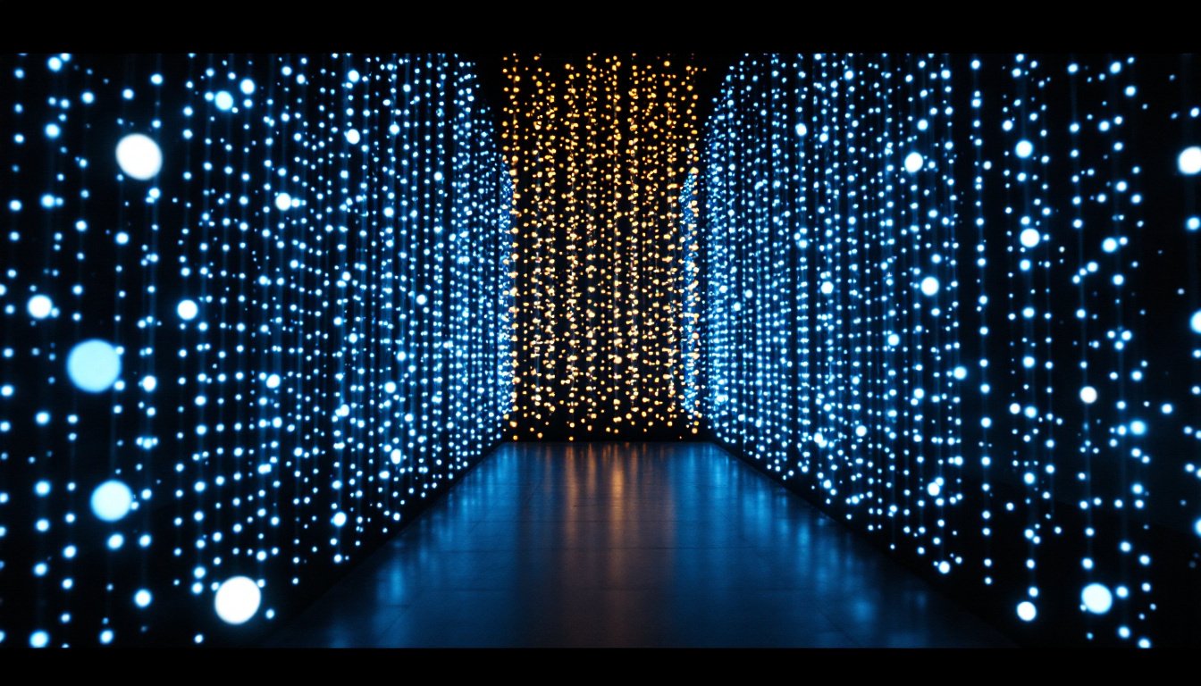 A dark hall filled with a three-dimensional lattice of tiny blue lights with a cluster glowing amber.