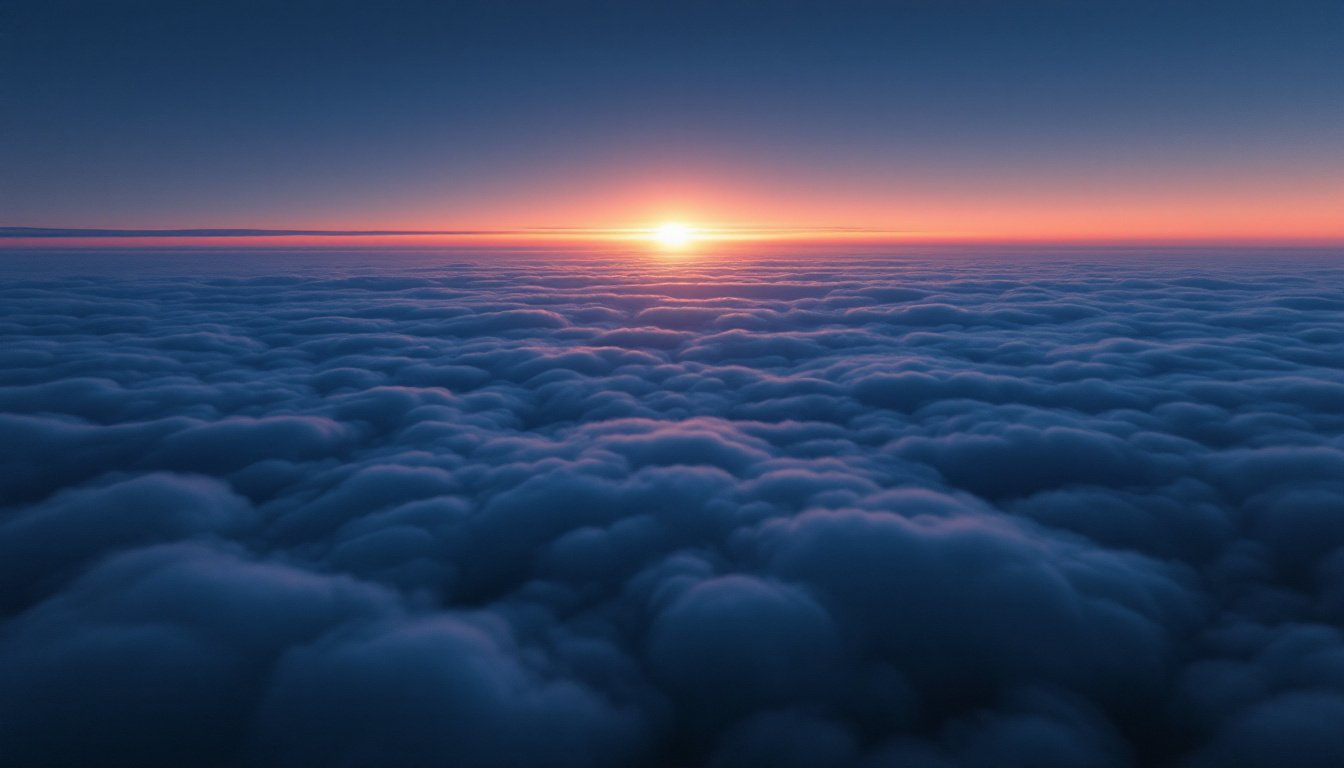 An unbroken cloud deck seen from above at blue hour with the last amber light on the horizon.