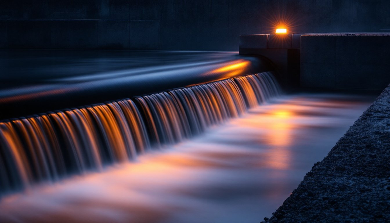 Water pouring in even sheets over a steel weir at night, lit by a single amber lamp.