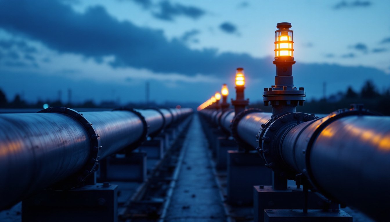 A bank of parallel steel pipelines running to the horizon at dusk with amber marker lamps.