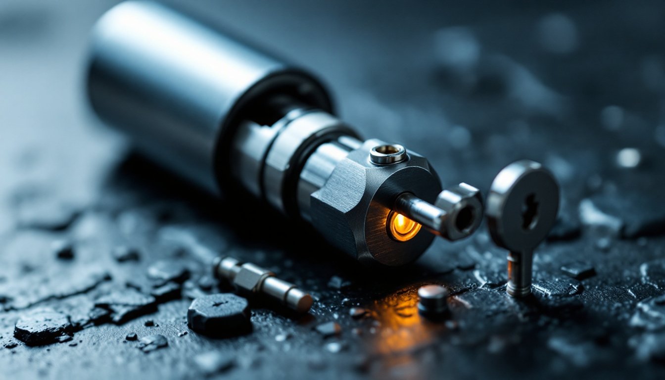 A precision-machined steel lock cylinder and key resting on dark slate.