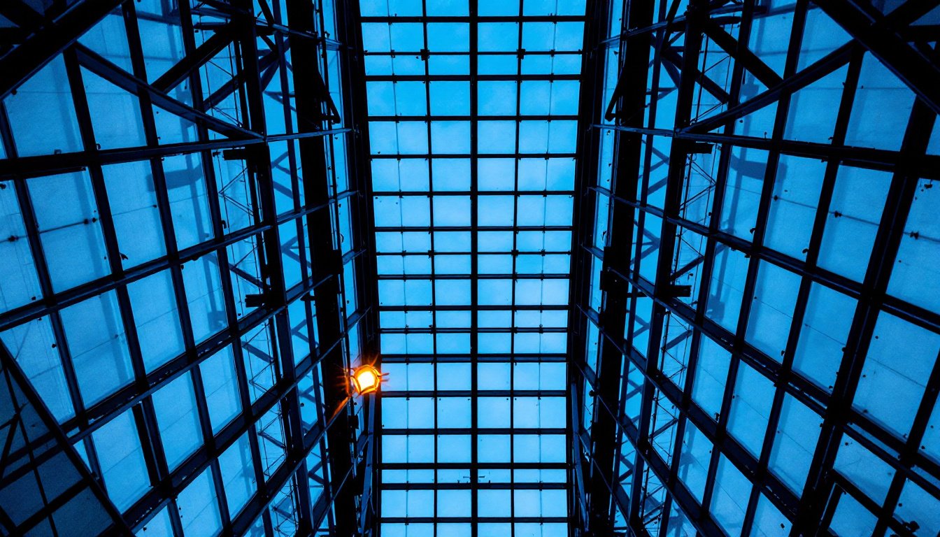 Looking up through the steel lattice roof of a glass atrium against a blue evening sky.