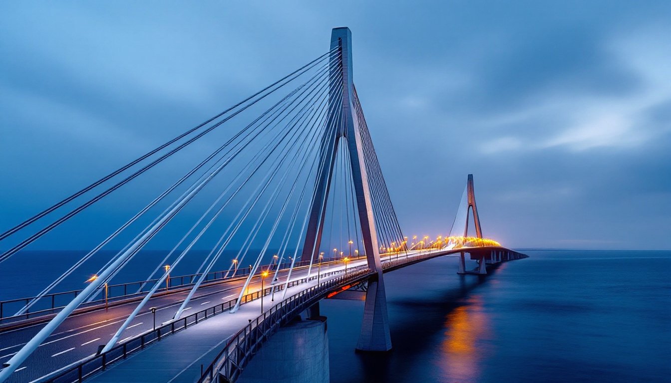 A cable-stayed bridge at blue hour, its cables fanning from a single pylon over calm water, deck lamps glowing amber.