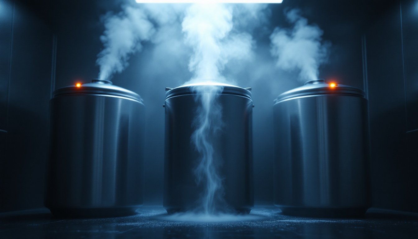 Three brushed-steel liquid-nitrogen storage dewars in a dark cold room, white fog rising from their lids in steel-blue light, small amber status lamps lit on two of them.