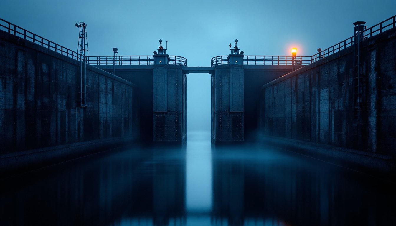 A canal lock at blue hour, massive steel gates holding back still water, one amber lamp on the lock wall.