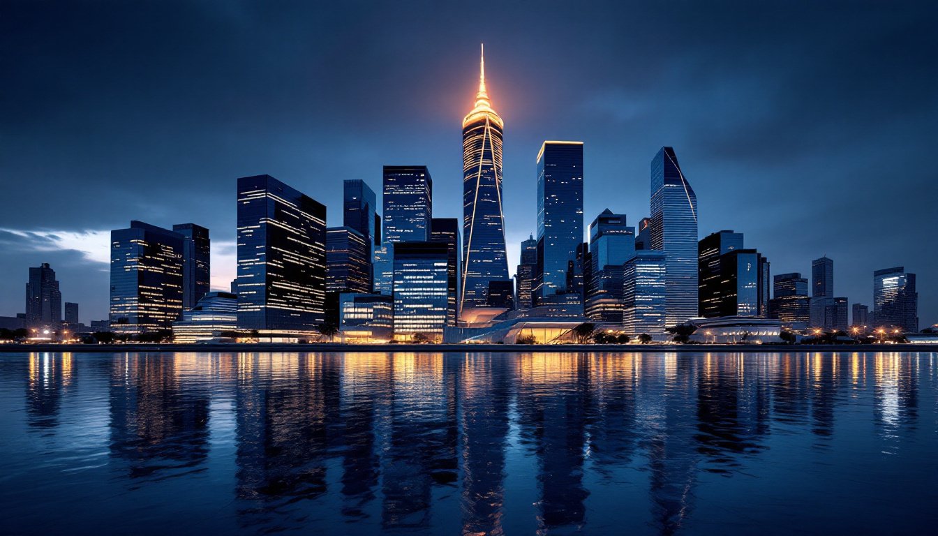 A financial district skyline at blue hour reflected in still water, one tower's crown lit amber.