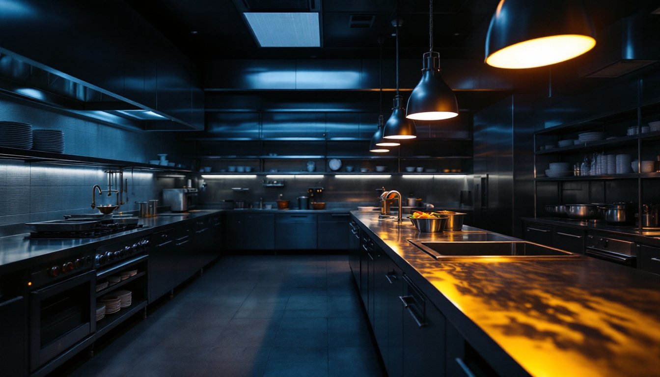 An empty restaurant kitchen at night, a long stainless-steel pass under a single amber heat lamp.