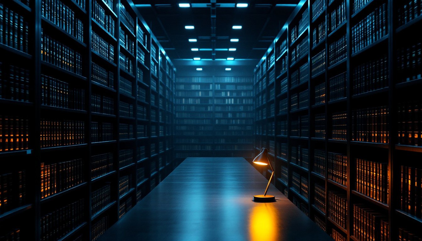 A law library aisle at night, tall shelves of plain bound volumes and a single amber reading lamp on a long table.