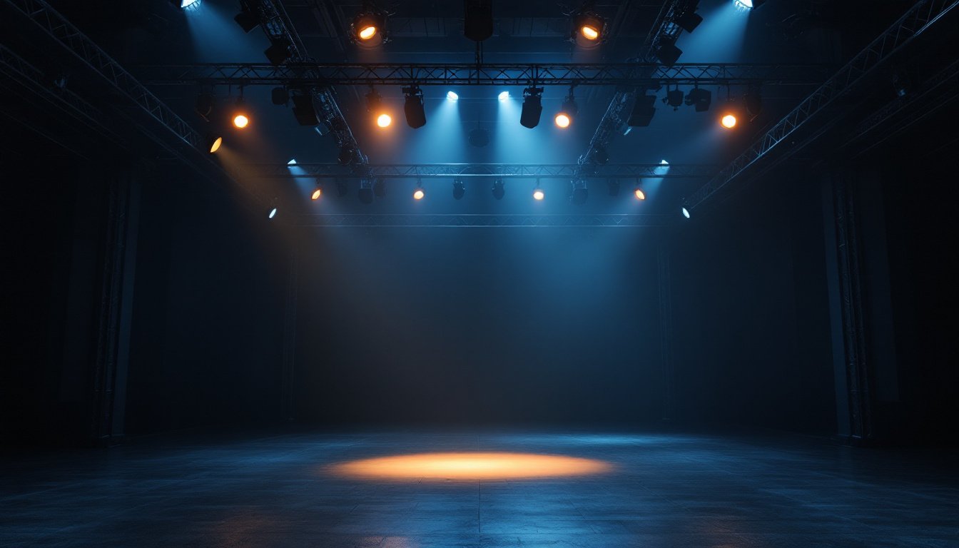 An empty film soundstage with a grid of steel lighting truss overhead and a single amber spotlight beaming down.