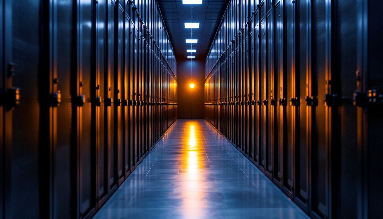 A climate-controlled archive vault with rows of dark steel shelving receding toward a single amber lamp.