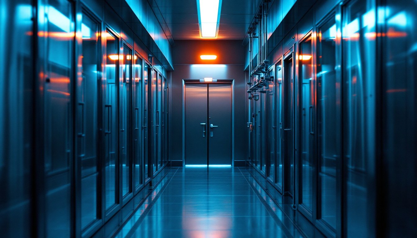 A pharmaceutical cleanroom corridor of stainless steel and glass with a row of polished process vessels and one amber status lamp.