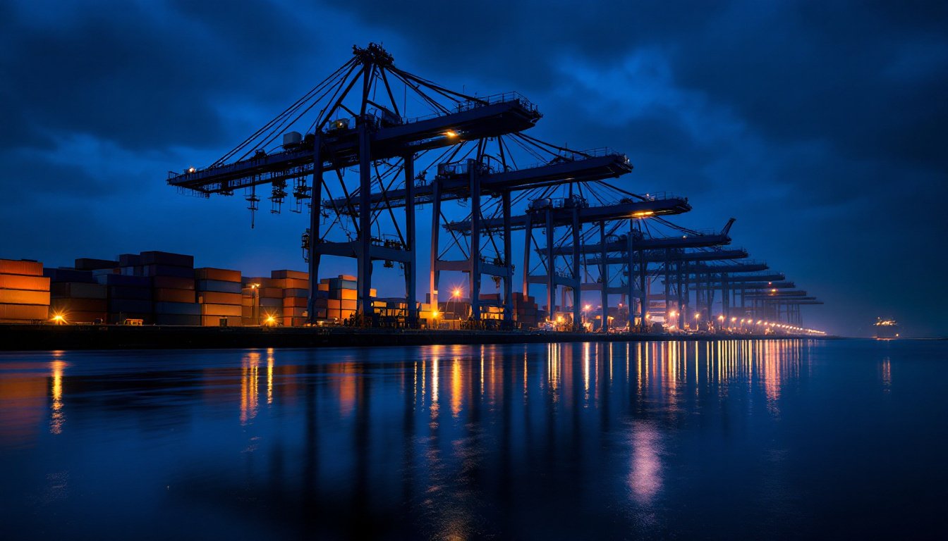A row of steel gantry cranes along a container quay at blue hour, one lit with amber work lights, still water in front.