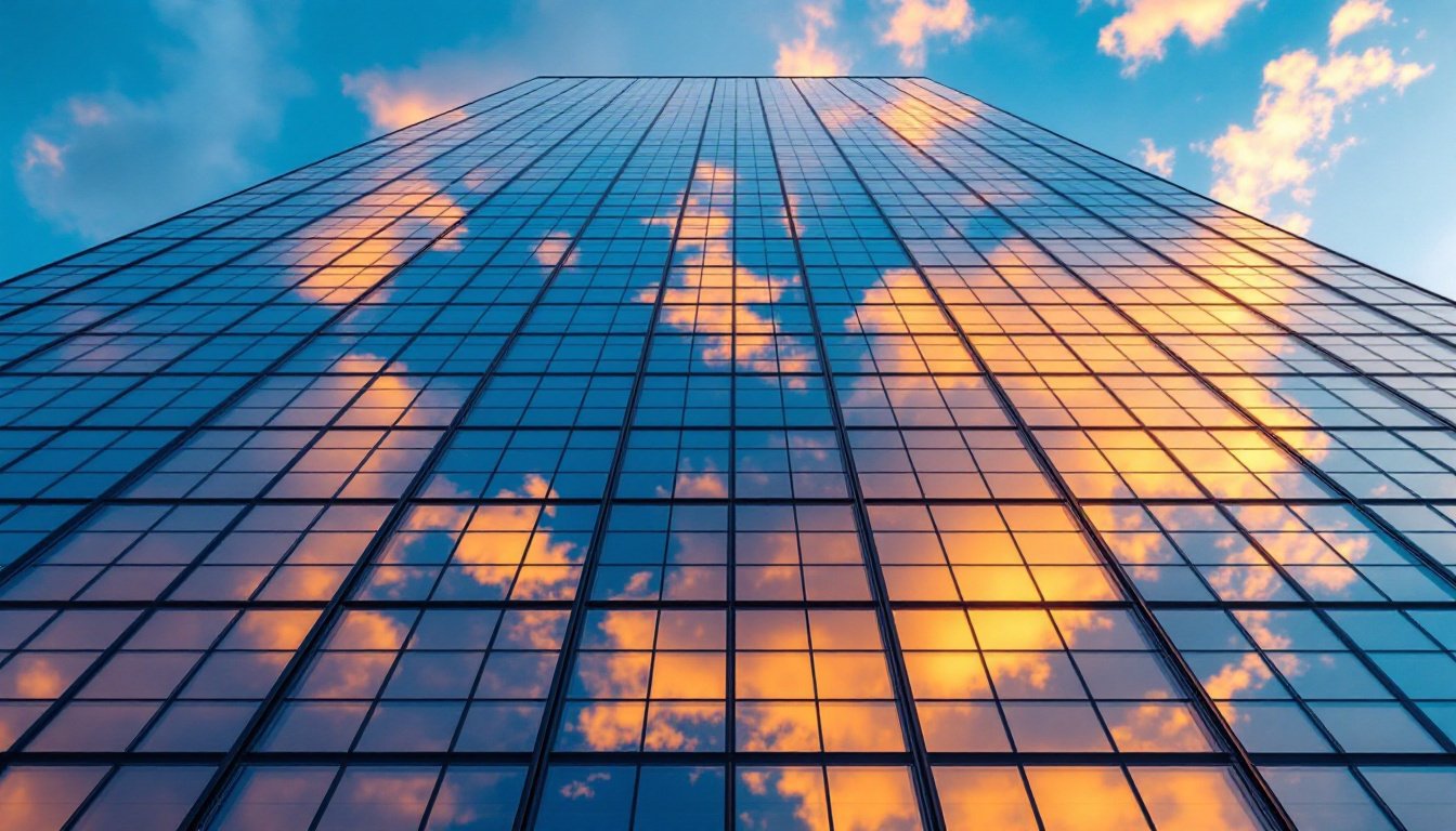 Looking up the glass facade of a modern skyscraper at golden hour, panels reflecting blue sky and amber cloud.