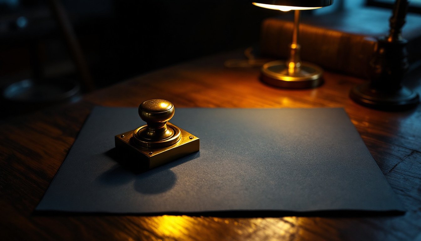A heavy brass seal press and a sheet of dark paper on a walnut desk under a single amber lamp.