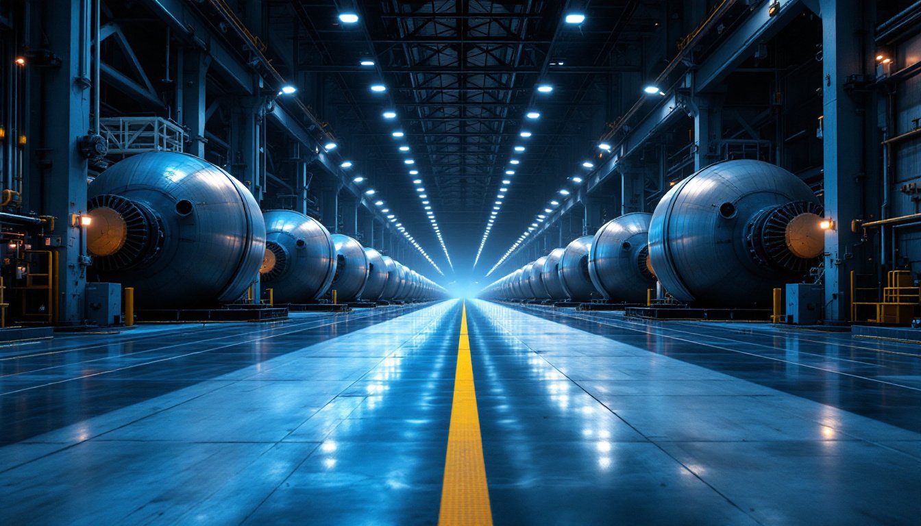 A hydroelectric turbine hall at night, massive steel casings receding along a polished floor with an amber stripe.