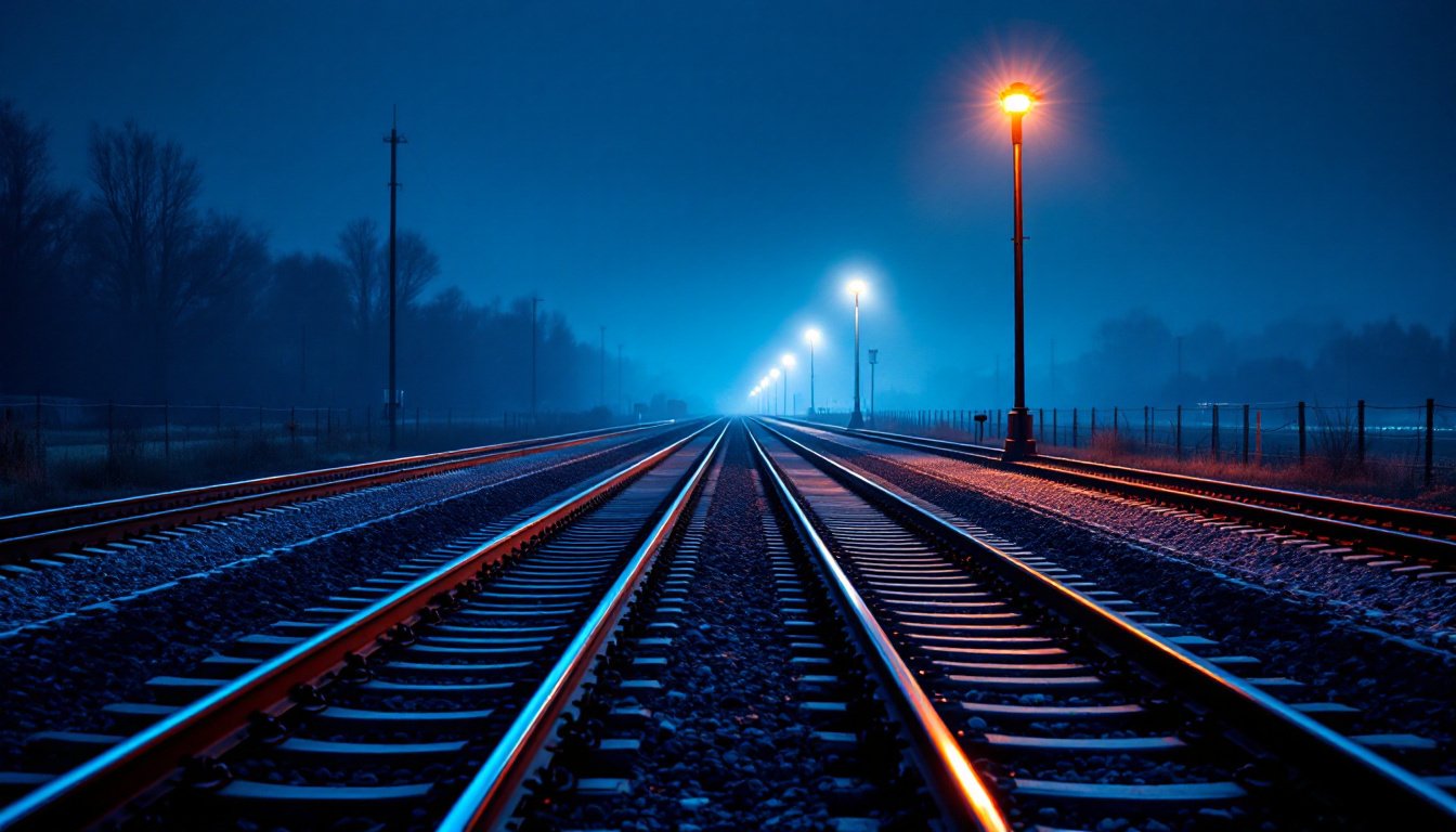 Railway tracks at blue hour running to a vanishing point in haze, one amber lamp glowing beside the line.