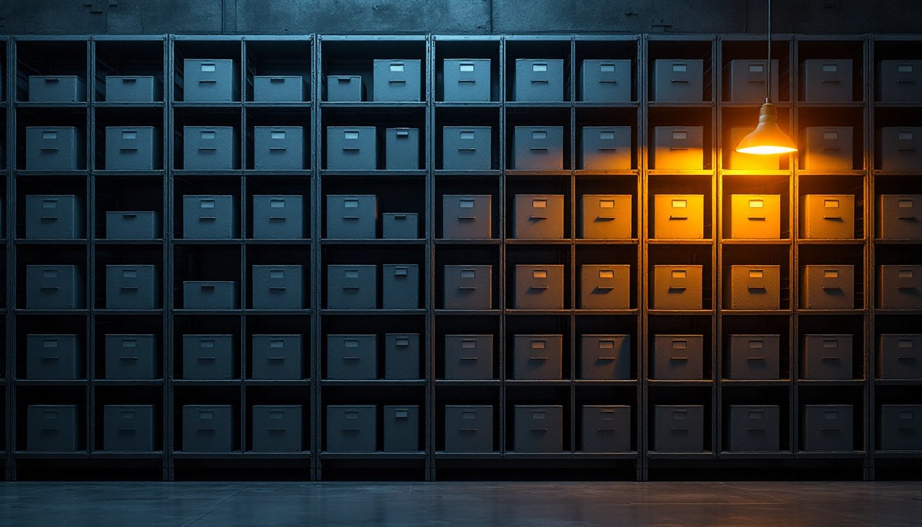 Steel shelving filled with identical gray storage boxes in a dim warehouse, one amber pendant lamp lighting a few of them.