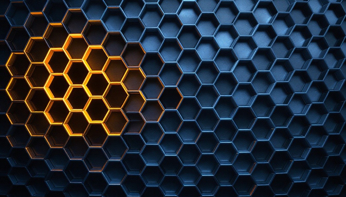 A wall of dark hexagonal steel compartments, a small cluster at one side glowing amber while the rest stay cool blue.
