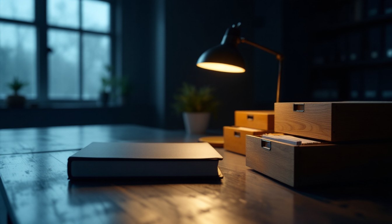 A closed black ledger on a dark wooden desk beside stacked wooden card-index drawers, lit by an amber desk lamp under cool window light.