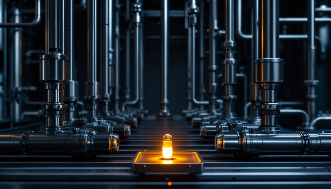 Polished steel pipes and valves branching across a dark industrial floor, with one glowing amber capsule resting alone in a tray.