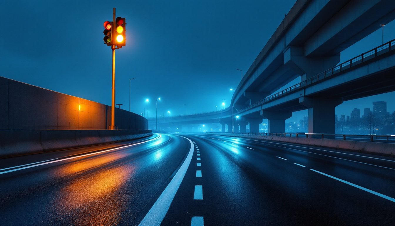 An empty highway on-ramp at blue hour, wet asphalt curving under an elevated freeway, one traffic signal on a steel pole glowing amber.