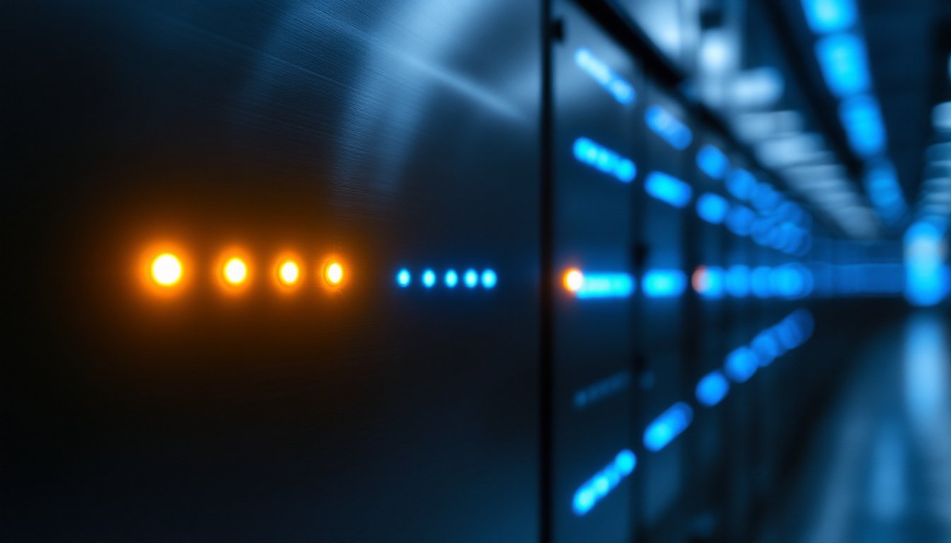 A dark server hall of brushed steel panels, with a row of small blue indicator lights receding into soft blur and a row of four amber lights glowing in the foreground.