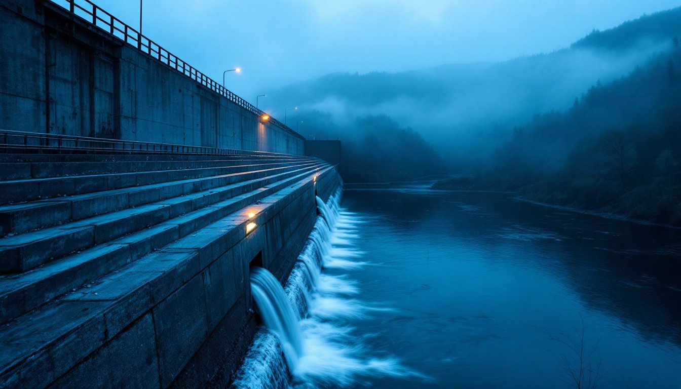 A stepped concrete spillway at blue hour, water pouring through a narrow outlet beside a steel railing, with two amber lights along the wall.
