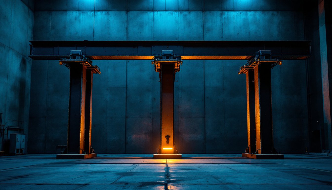 Three steel columns holding a long beam in a blue-lit concrete hall, an amber light glowing at the base of the middle column.