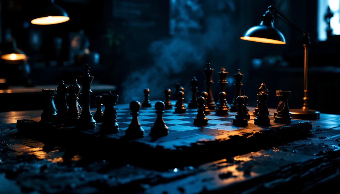 A chess game in progress in dark steel and brass on a slate table, lit by a single amber lamp.
