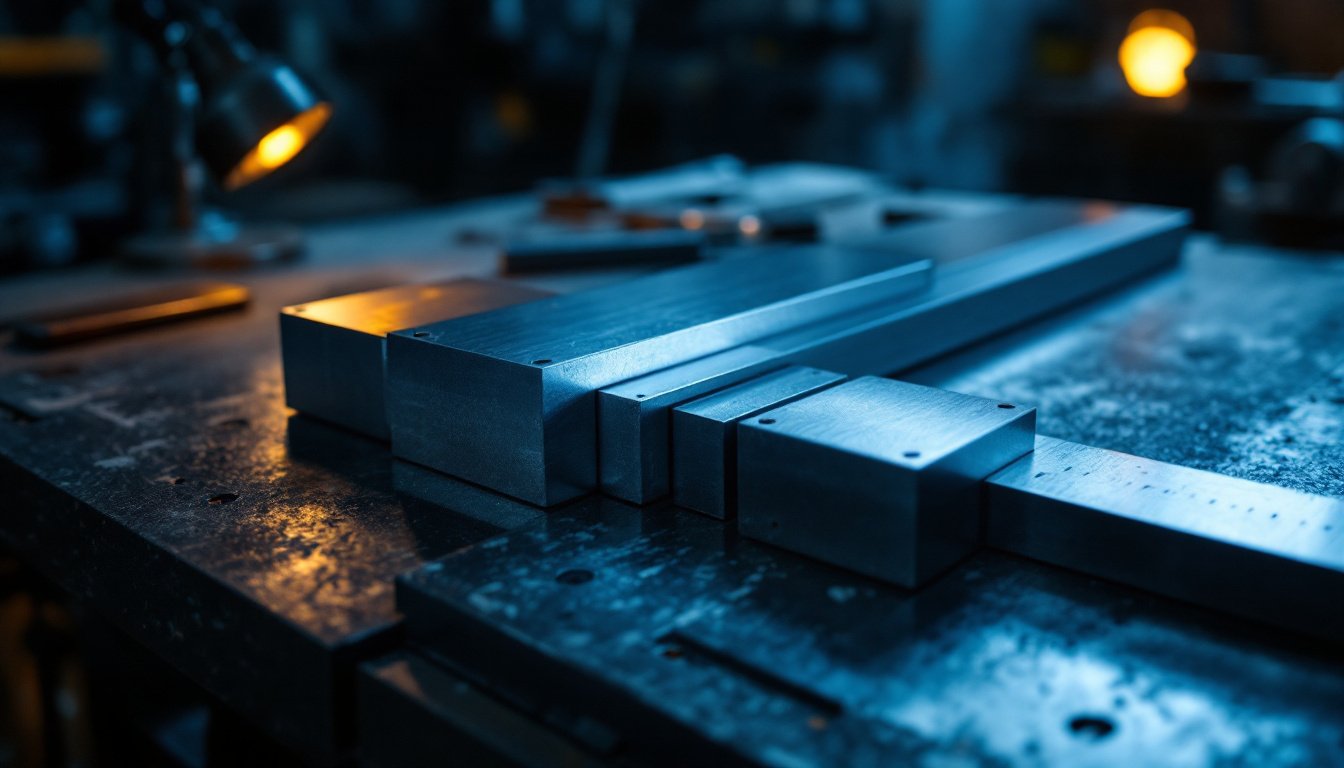 Polished steel gauge blocks and a straightedge on a granite surface plate under steel-blue light.