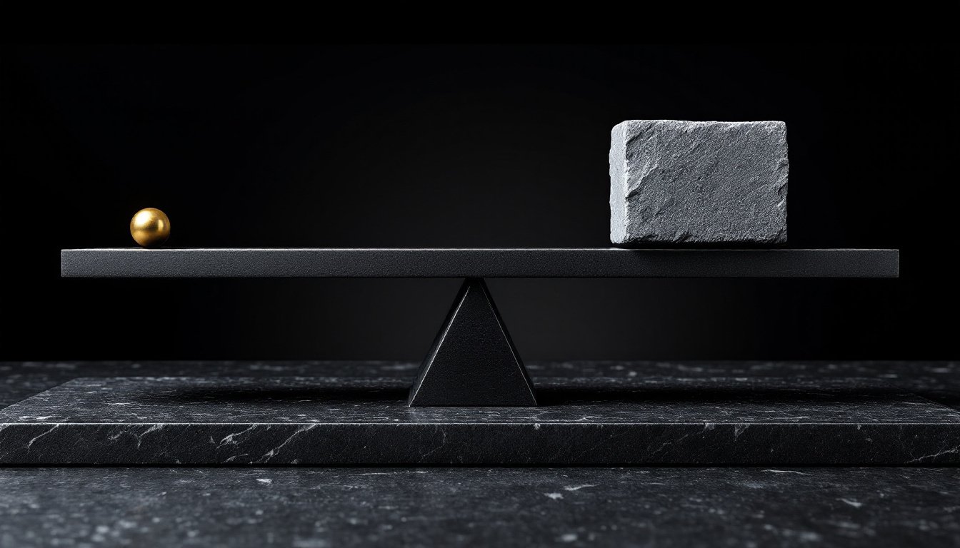 A long steel lever on an off-center fulcrum, a small brass ball on the long arm lifting a granite block, in steel-blue light.