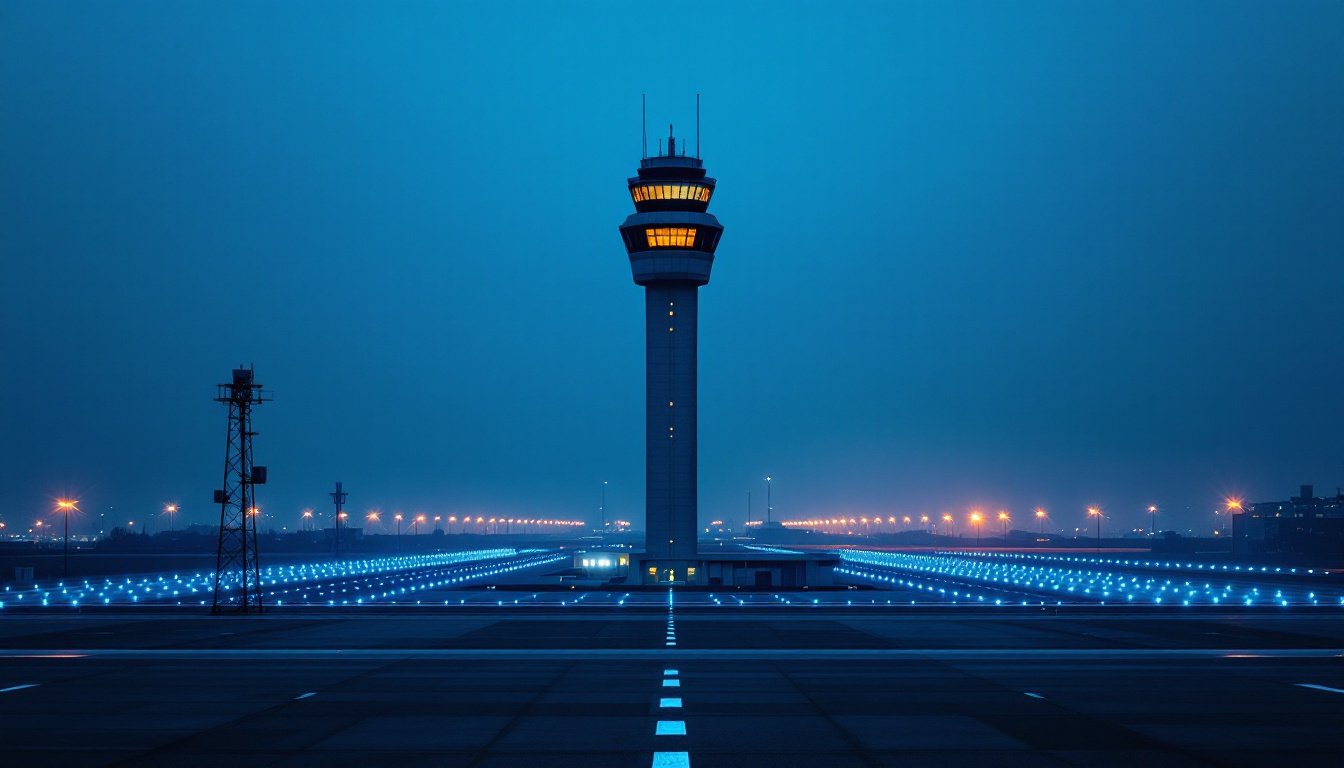 An air traffic control tower at blue hour, its glass cab glowing amber above rows of blue taxiway lights.