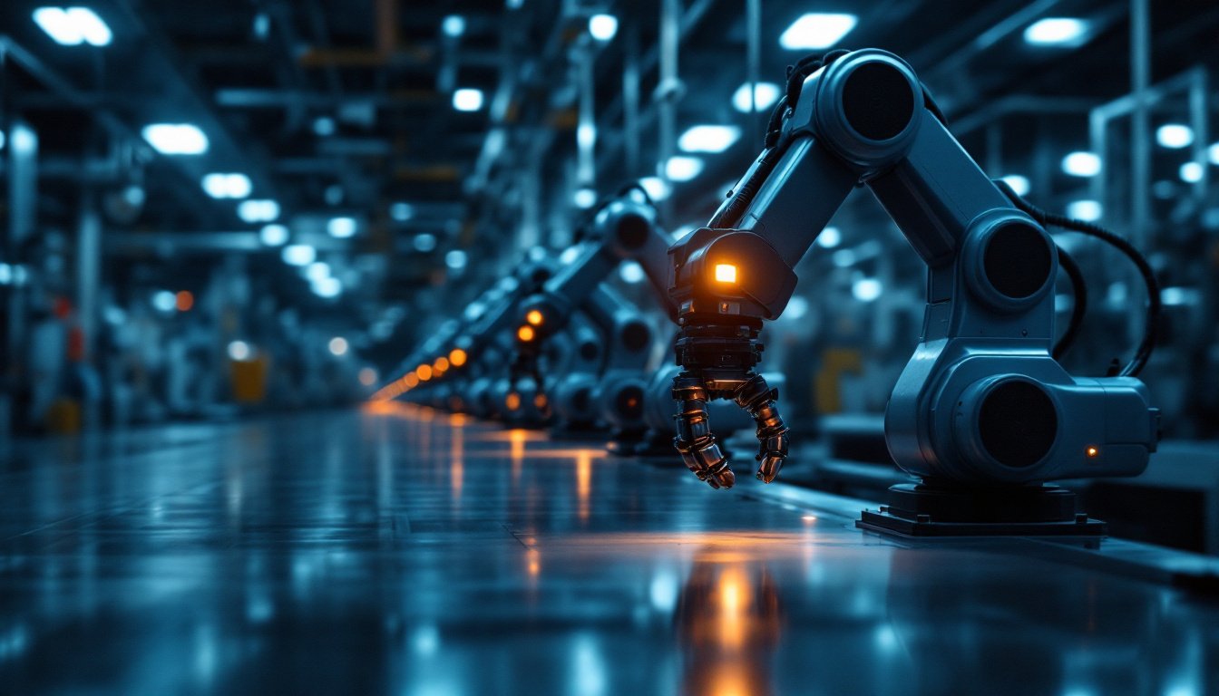 A row of industrial robot arms in perfect alignment on a polished factory floor at night.