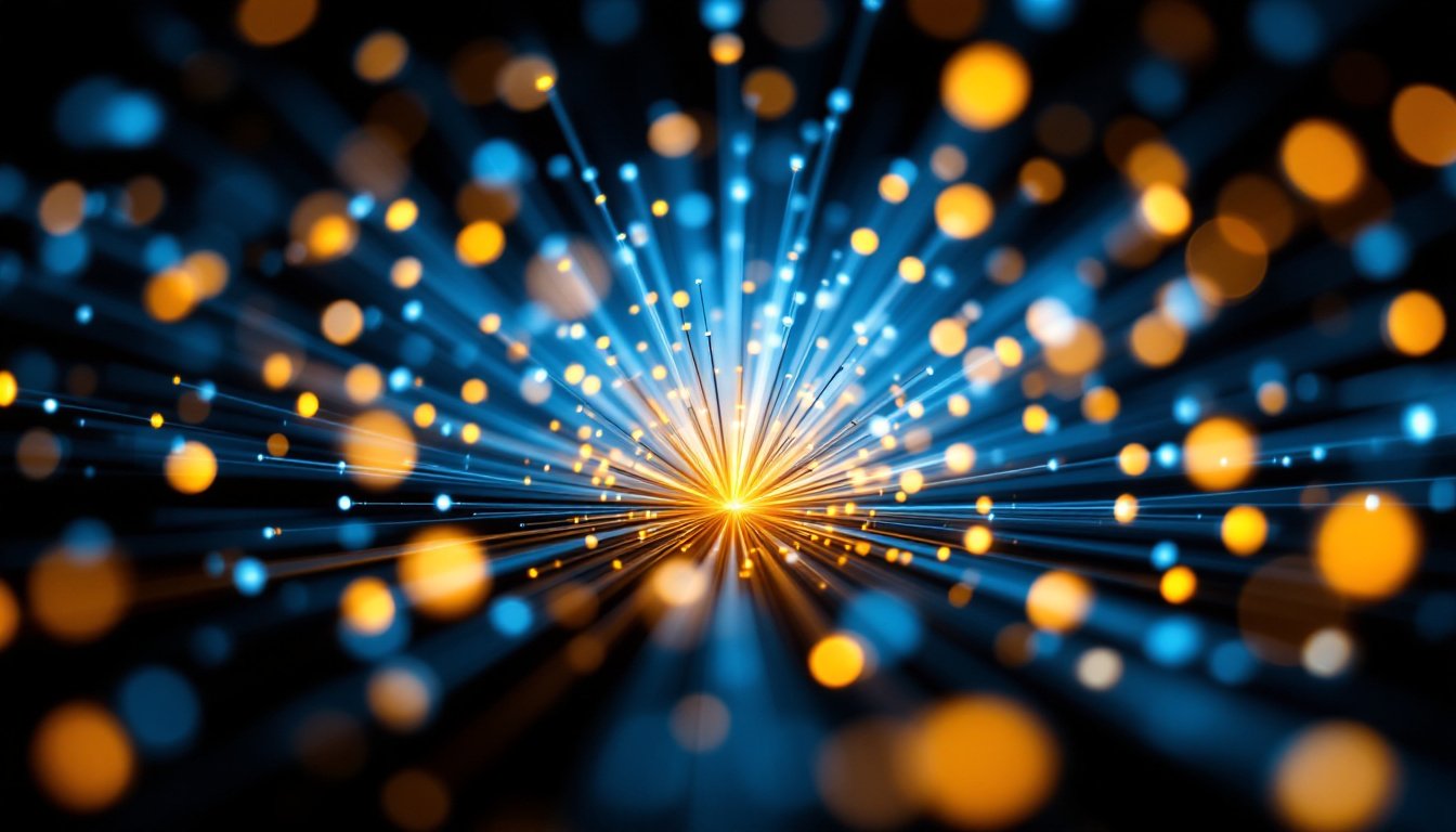 A burst of fiber-optic strands glowing blue and amber against black.
