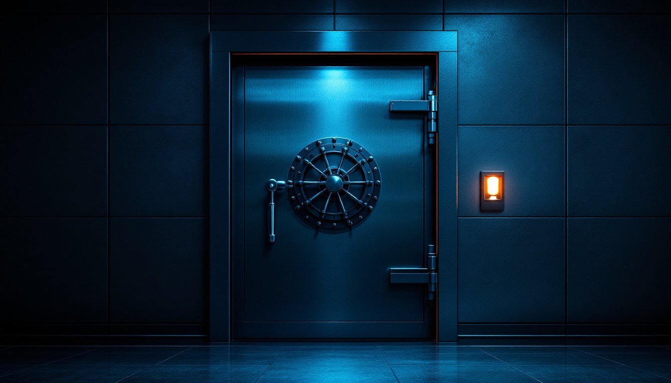 A brushed-steel bank vault door standing slightly open in steel-blue light with an amber indicator lamp.