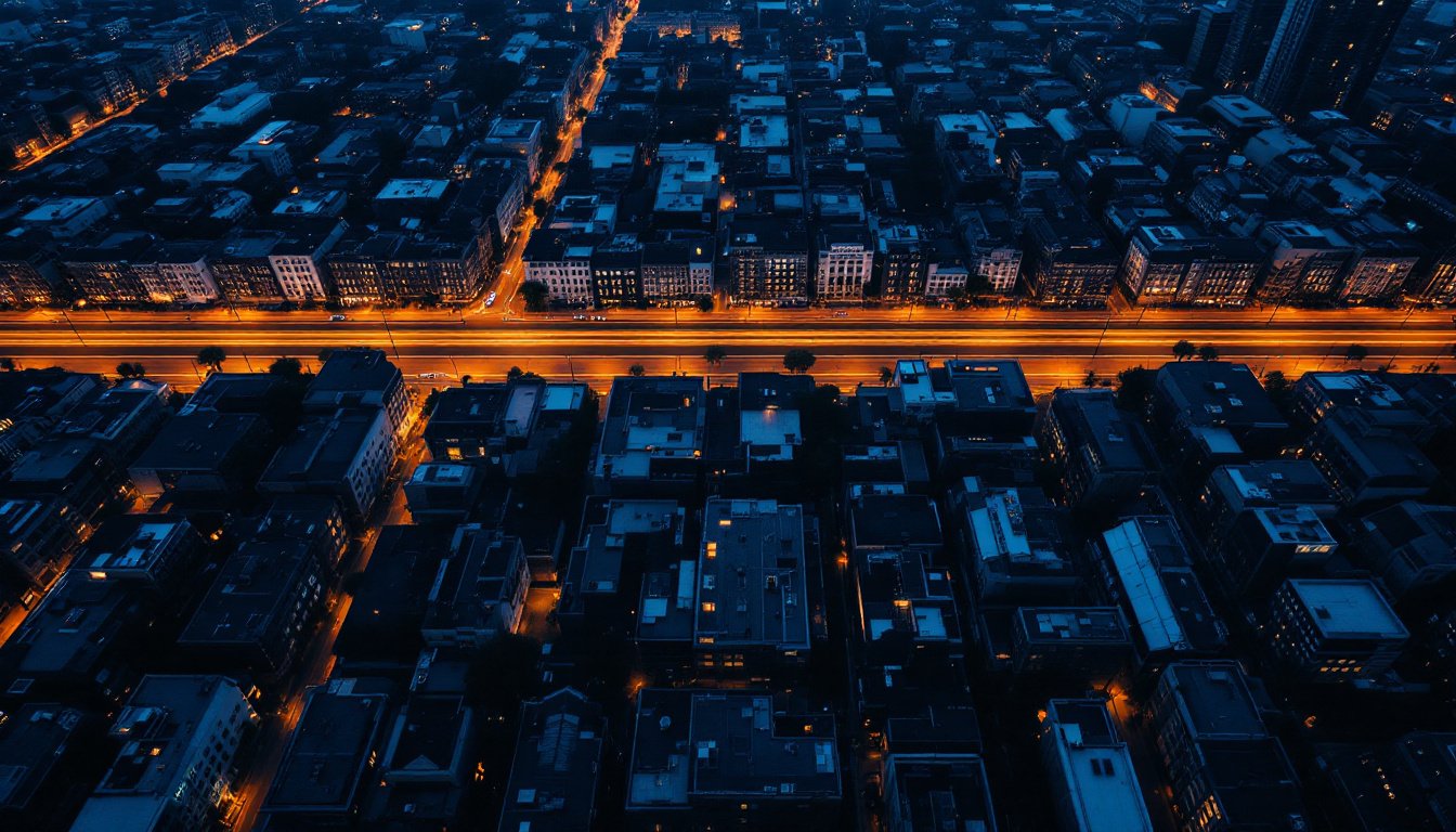 Aerial view of an orderly city grid at blue hour with a single avenue lit in amber.