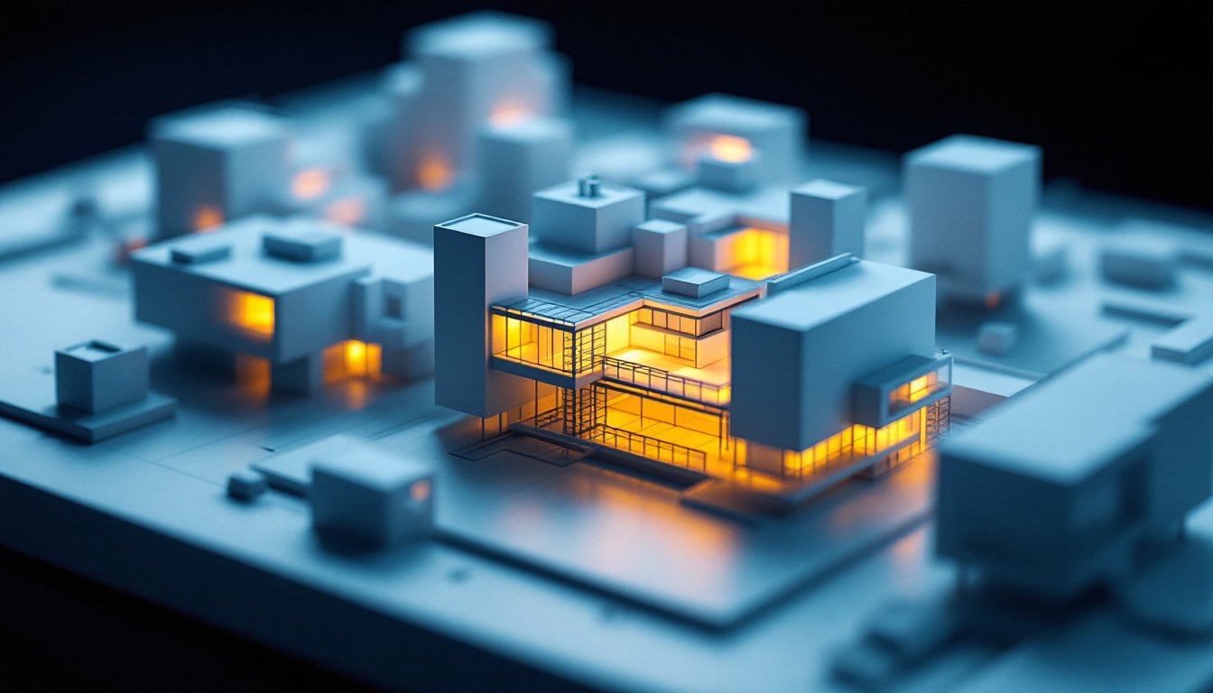 A white architectural model of a building complex lit by a single amber spotlight.