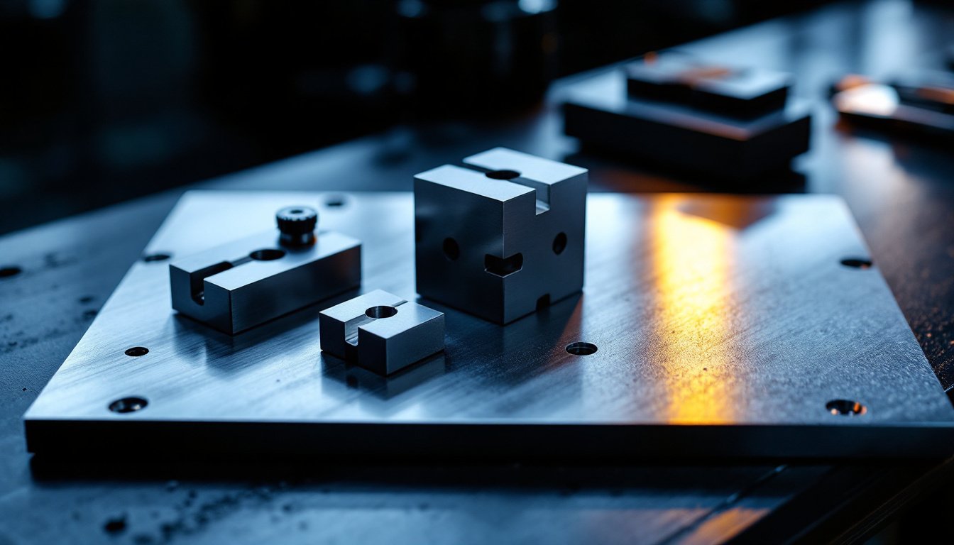 Machined steel gauge blocks and a precision square on a dark inspection surface.