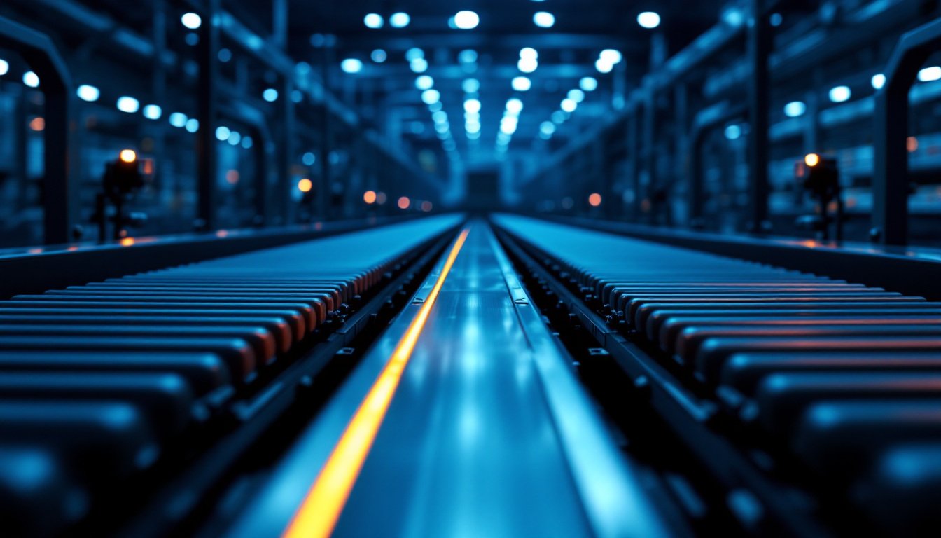 Two lines of steel conveyor rollers receding to a vanishing point under blue light.
