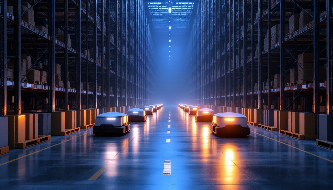 A row of low autonomous mobile robots parked at their charging docks down a long warehouse aisle at blue hour, amber lamps glowing on the nearest machines.