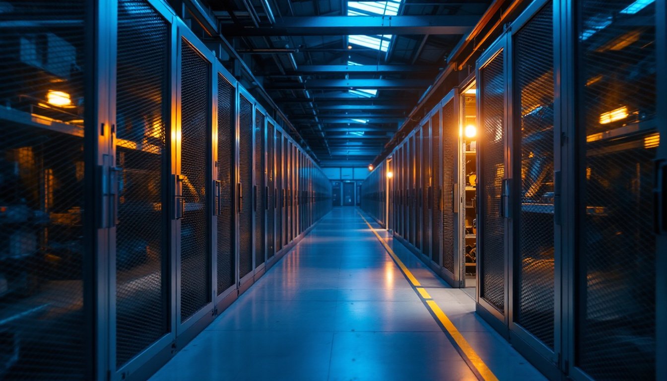 A long aisle of steel-mesh parts cages in a robotics plant at blue hour, one cage door standing open under an amber lamp.