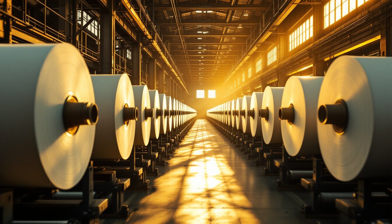 A long newsprint press hall at golden hour, two rows of enormous blank paper reels on iron stands receding toward a sunlit window.