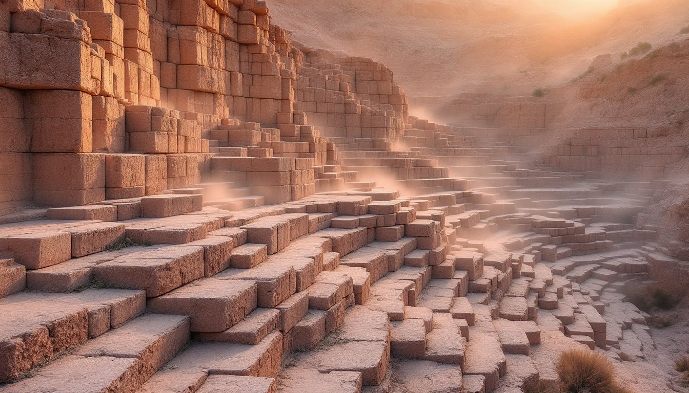 A terraced sandstone quarry at dawn, cut blocks stacked in ordered benches down the face, pink-gold mist drifting across the stone.