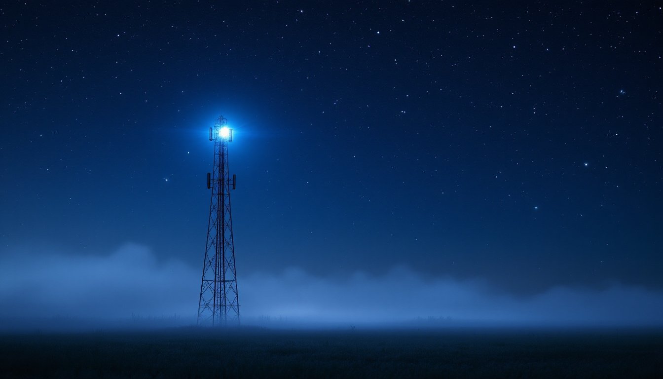 A lone steel lattice relay mast on open prairie at night, one blue-white beacon lit at its top under a sky full of stars, low mist along the ground.