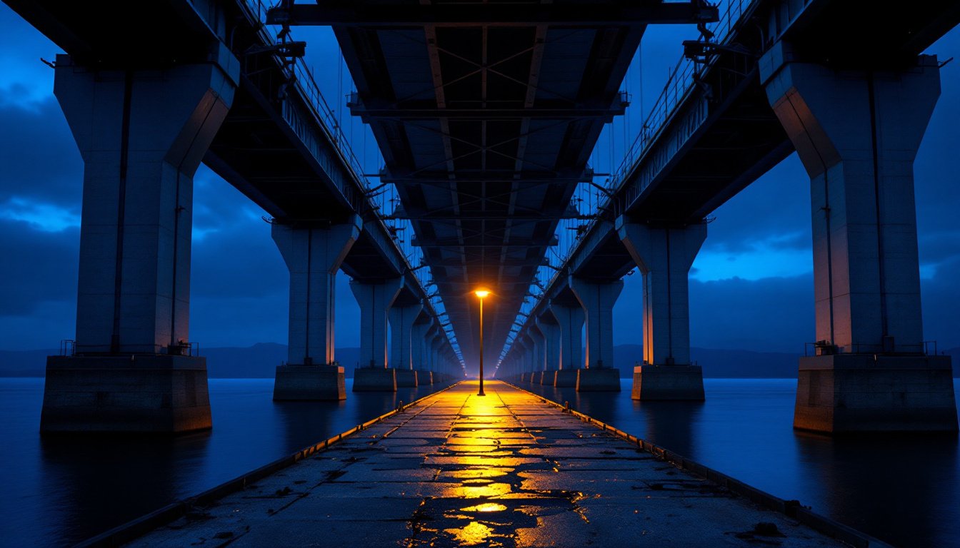 A wet walkway beneath twin bridge decks at blue hour, rows of massive concrete piers receding over still dark water, lit by one amber lamp.